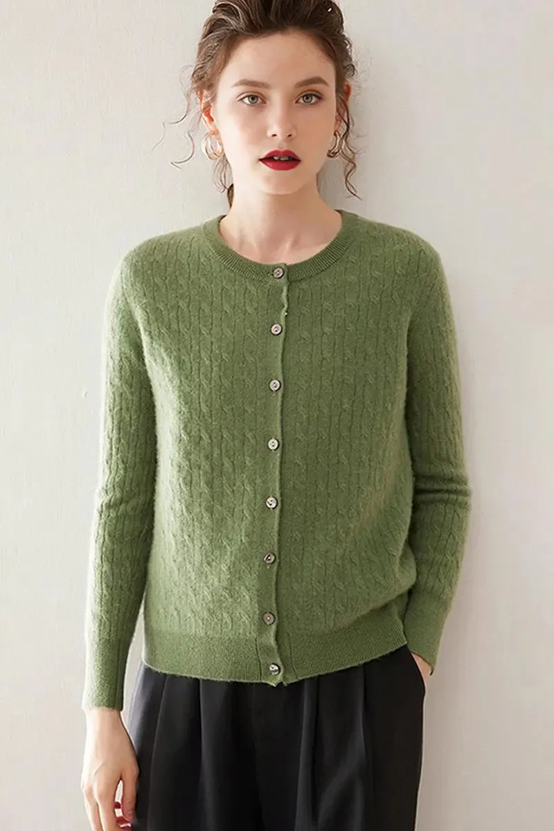 100 Cashmere Cable-Knit Crewneck Cardigan
