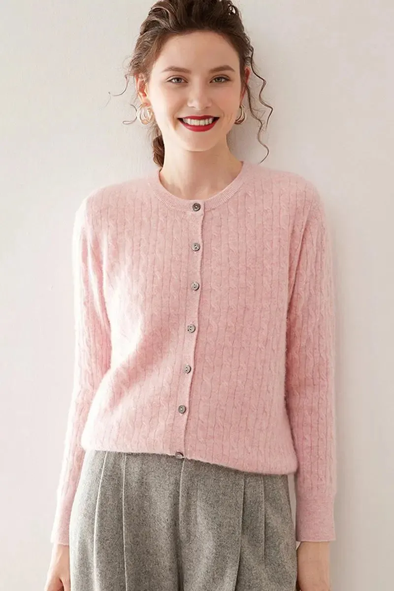 100 Cashmere Cable-Knit Crewneck Cardigan