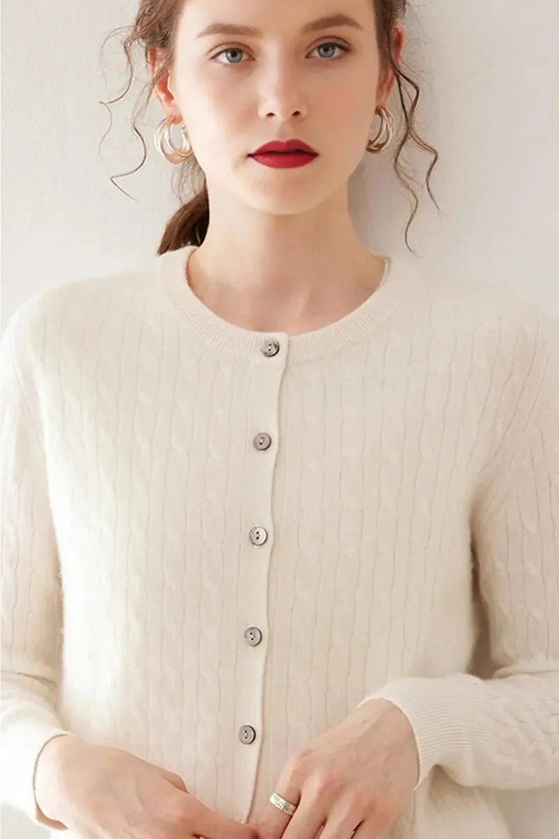 100 Cashmere Cable-Knit Crewneck Cardigan