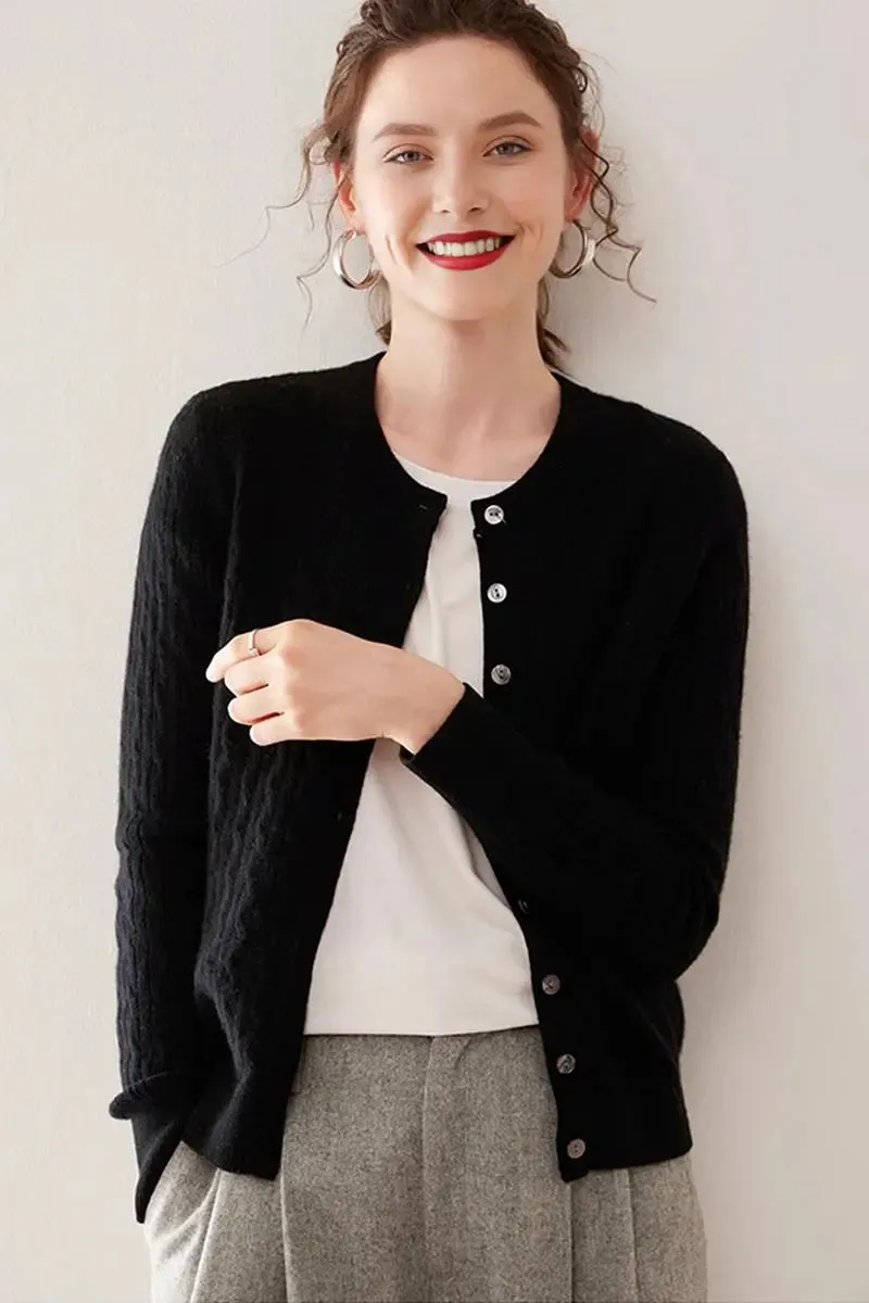 100 Cashmere Cable-Knit Crewneck Cardigan