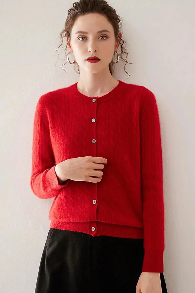 100 Cashmere Cable-Knit Crewneck Cardigan