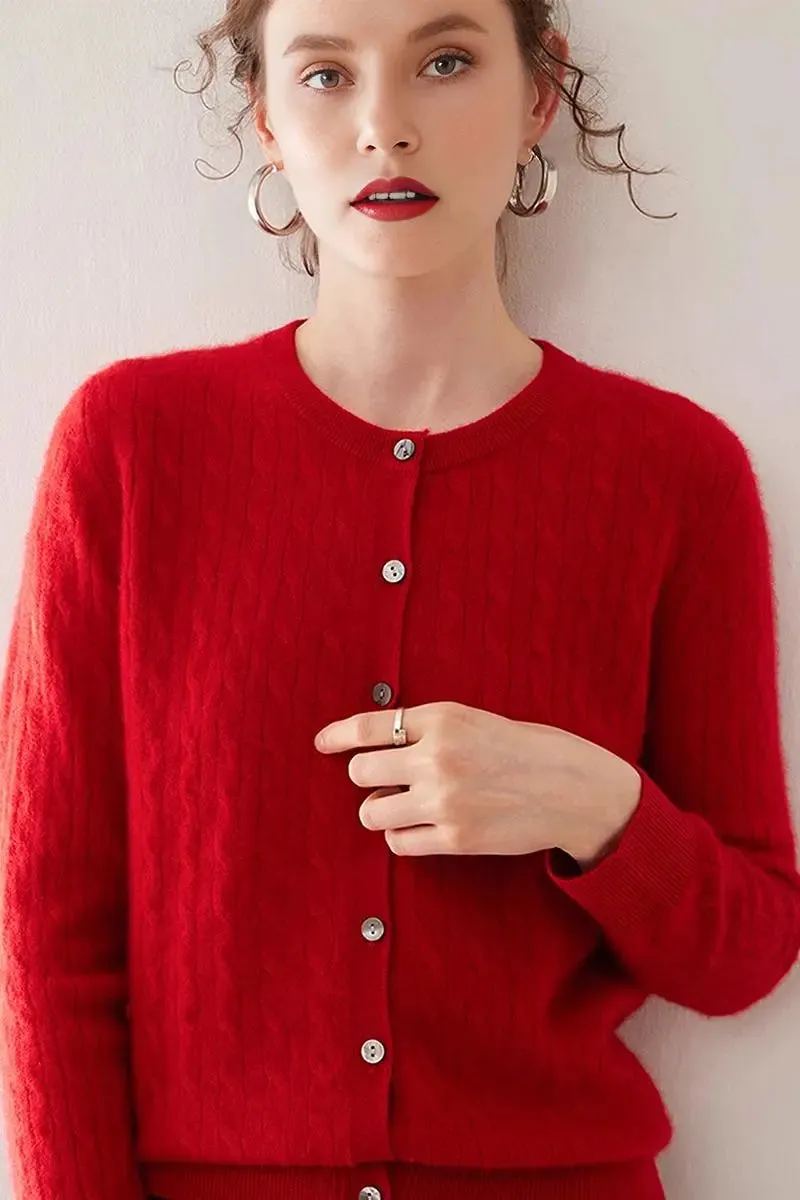 100 Cashmere Cable-Knit Crewneck Cardigan