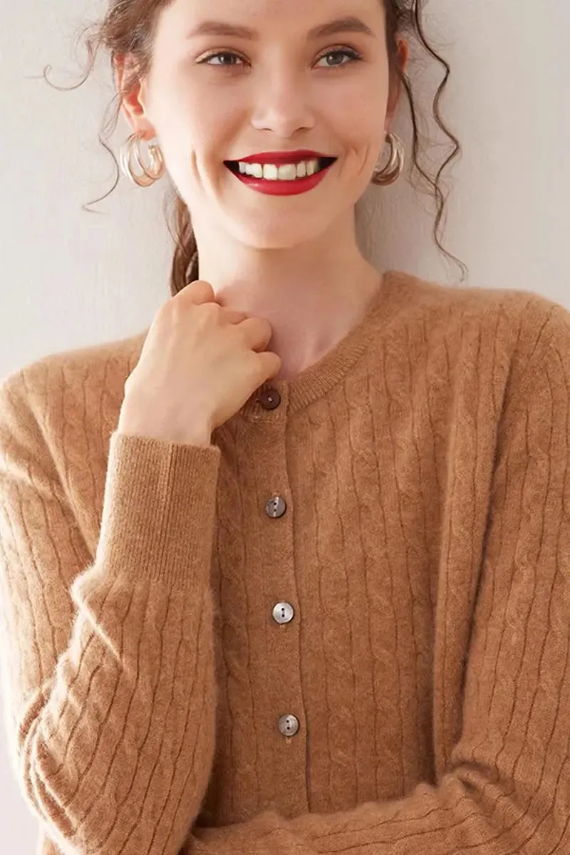 100 Cashmere Cable-Knit Crewneck Cardigan