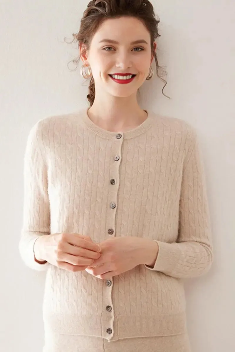 100 Cashmere Cable-Knit Crewneck Cardigan