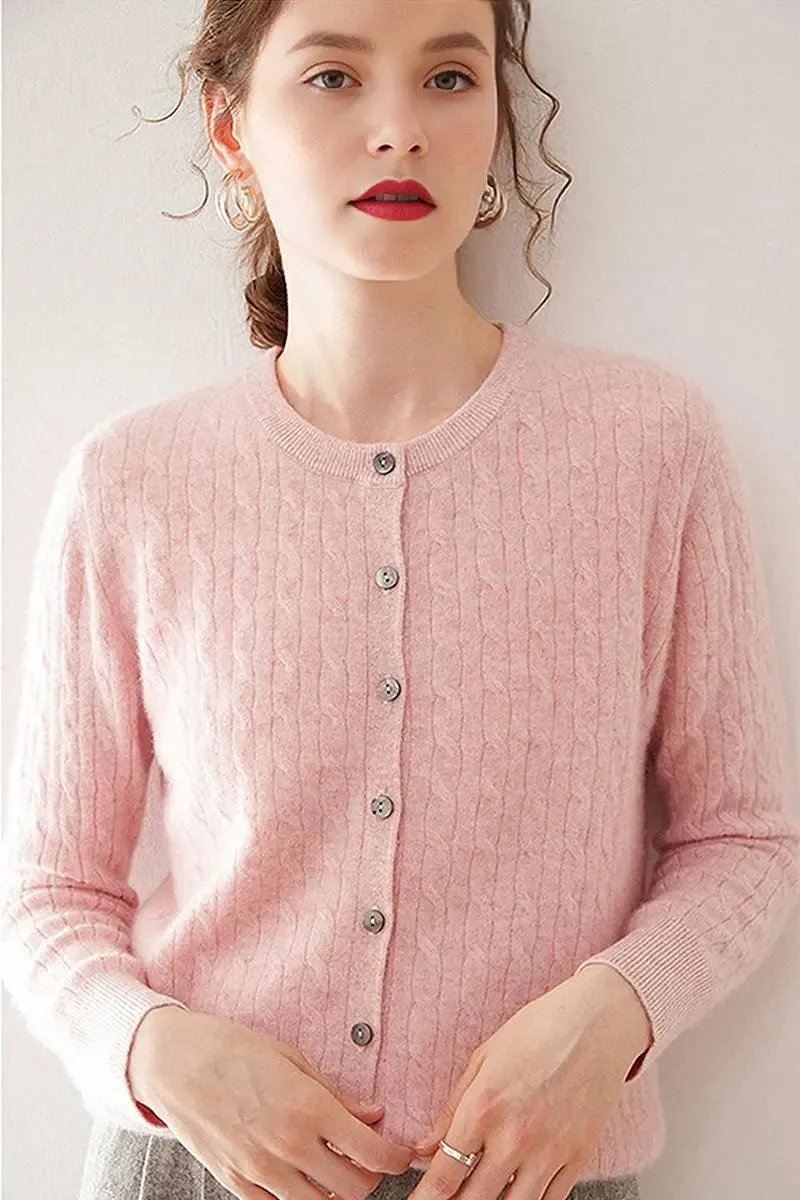 100 Cashmere Cable-Knit Crewneck Cardigan