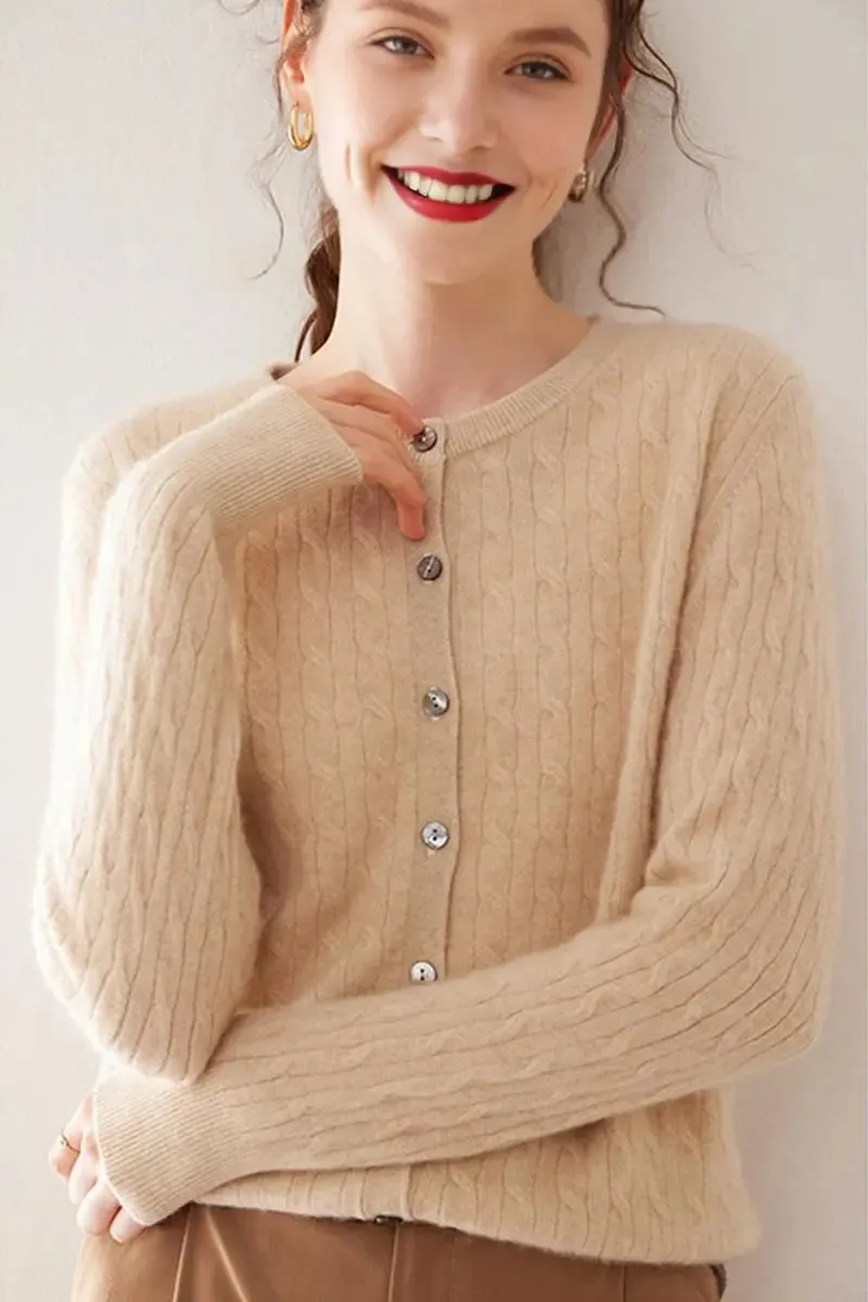 100 Cashmere Cable-Knit Crewneck Cardigan