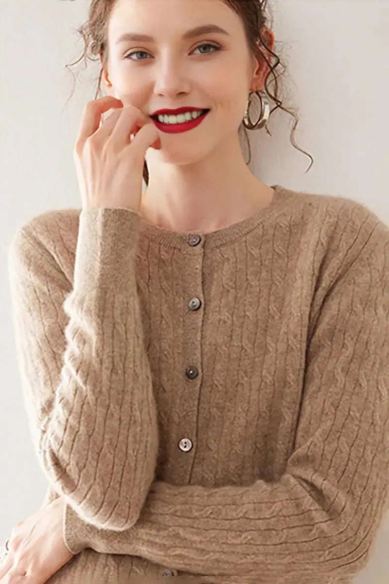 100 Cashmere Cable-Knit Crewneck Cardigan