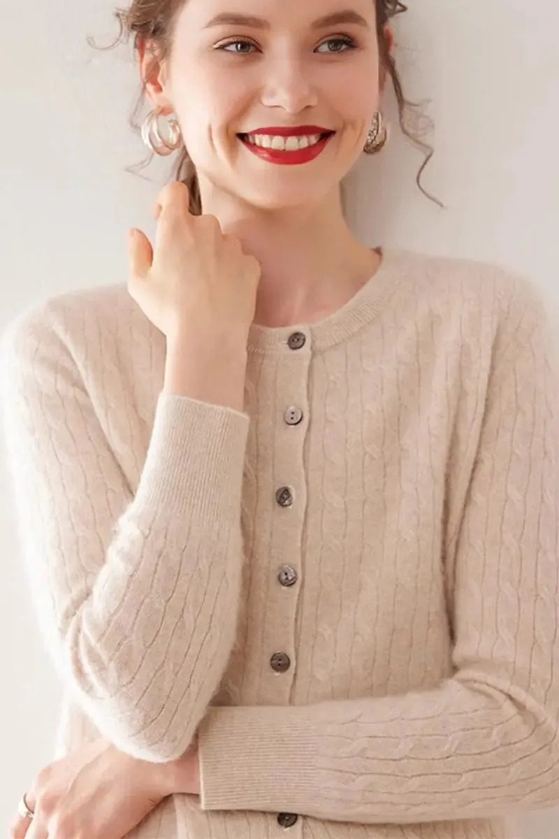 100 Cashmere Cable-Knit Crewneck Cardigan