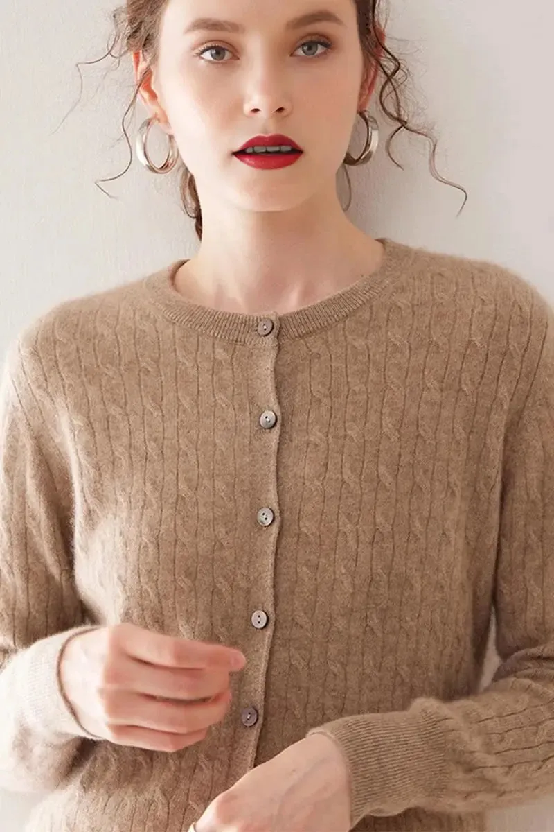100 Cashmere Cable-Knit Crewneck Cardigan