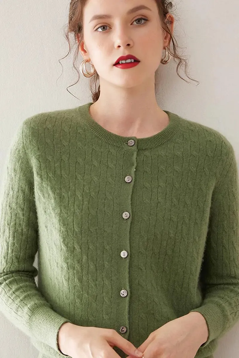 100 Cashmere Cable-Knit Crewneck Cardigan