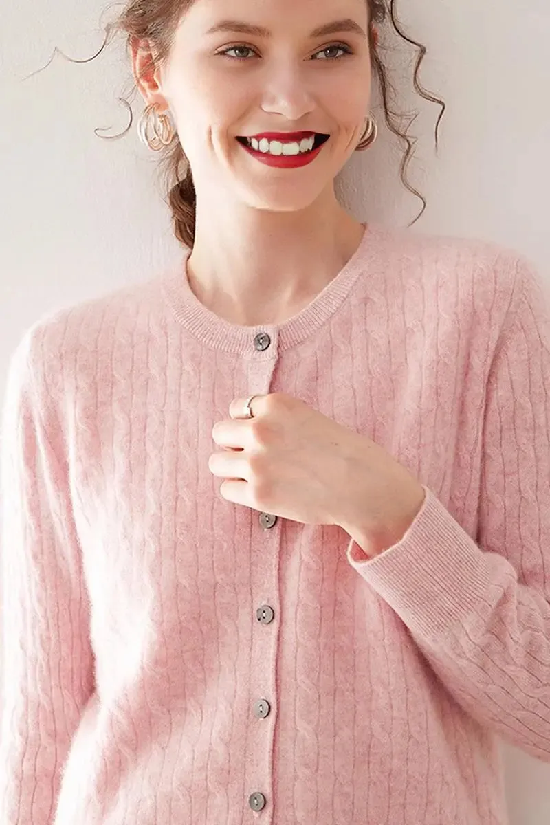 100 Cashmere Cable-Knit Crewneck Cardigan