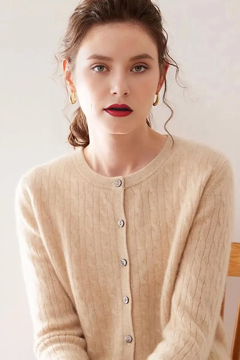 100 Cashmere Cable-Knit Crewneck Cardigan