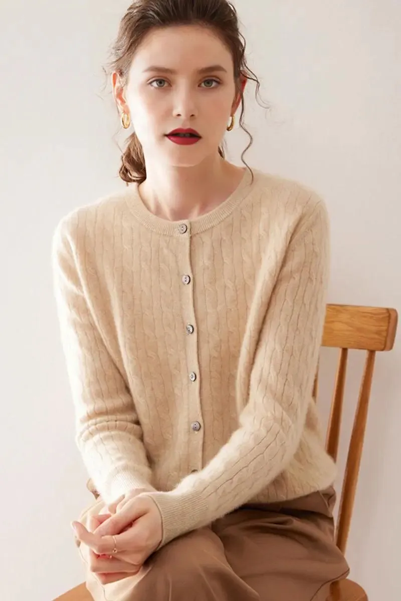 100 Cashmere Cable-Knit Crewneck Cardigan