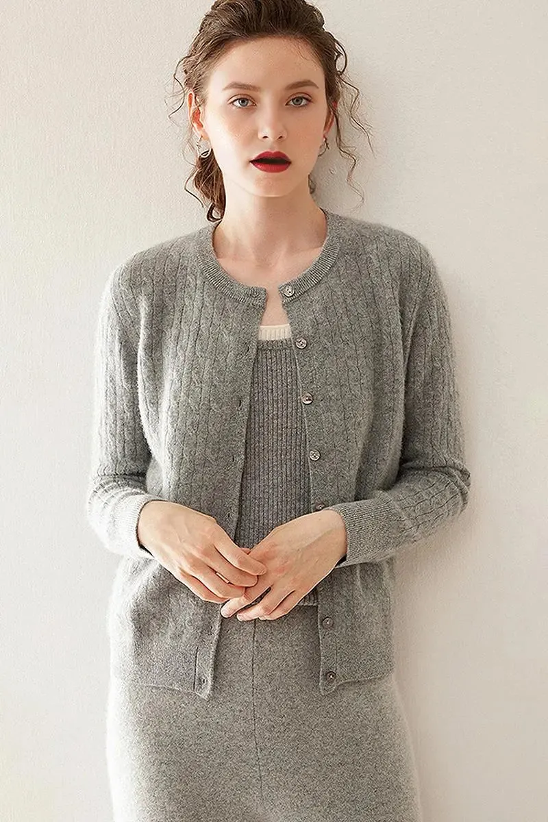 100 Cashmere Cable-Knit Crewneck Cardigan