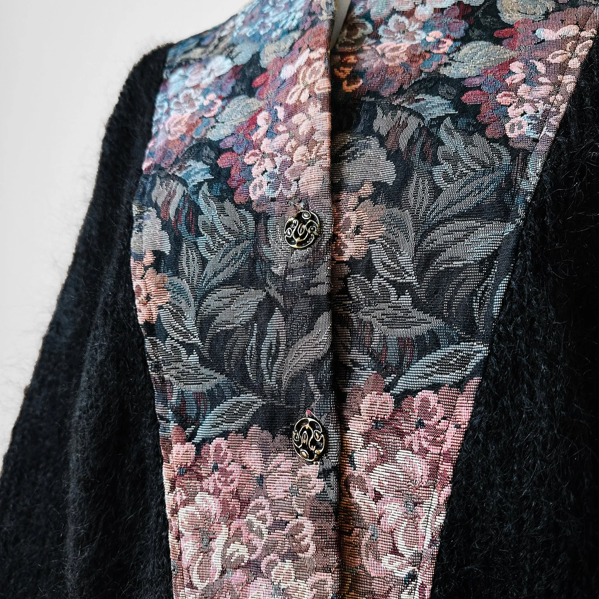 1980s Black Floral Tapestry Relaxed Fit Mohair Knit Cardigan Sweater