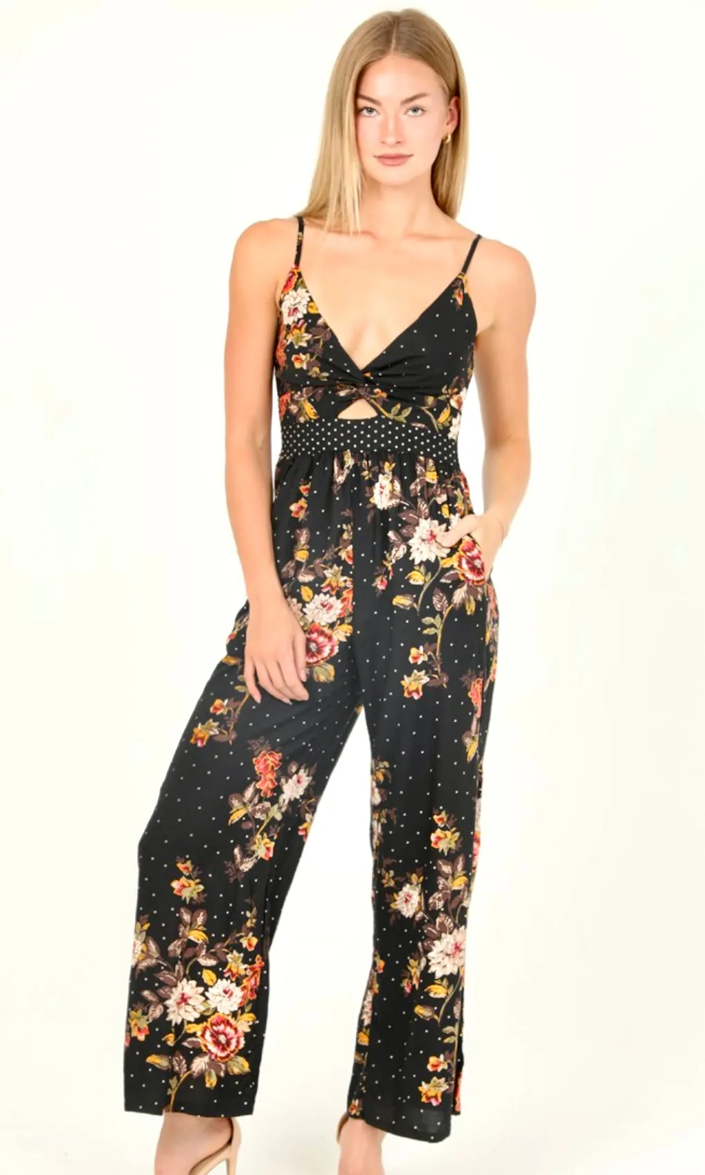 Acara Black Floral Print Side Pocket Maxi Jumpsuit Romper