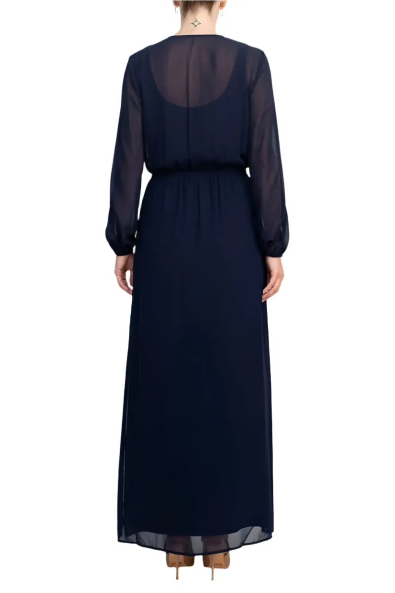 Adrianna Papell V-Neck Illusion Elastic Cuff Long Sleeve Slit Side Chiffon Dress