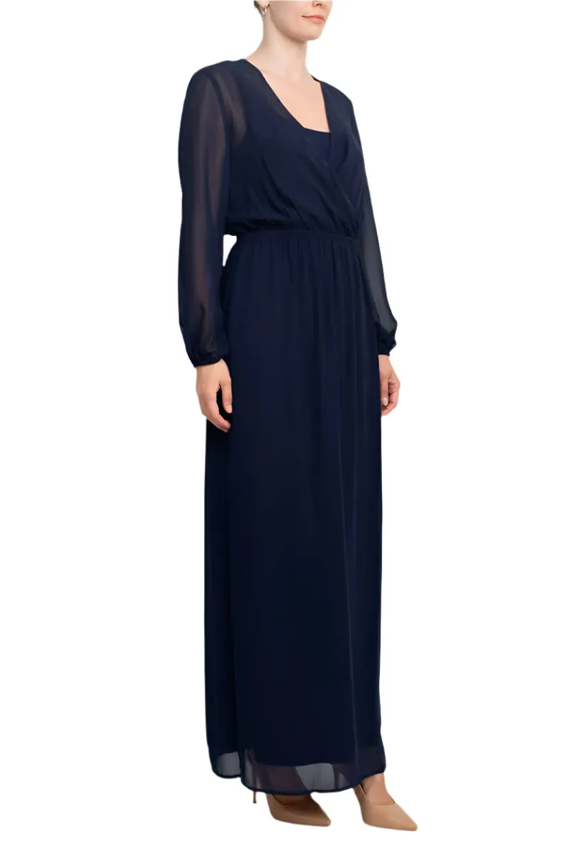 Adrianna Papell V-Neck Illusion Elastic Cuff Long Sleeve Slit Side Chiffon Dress