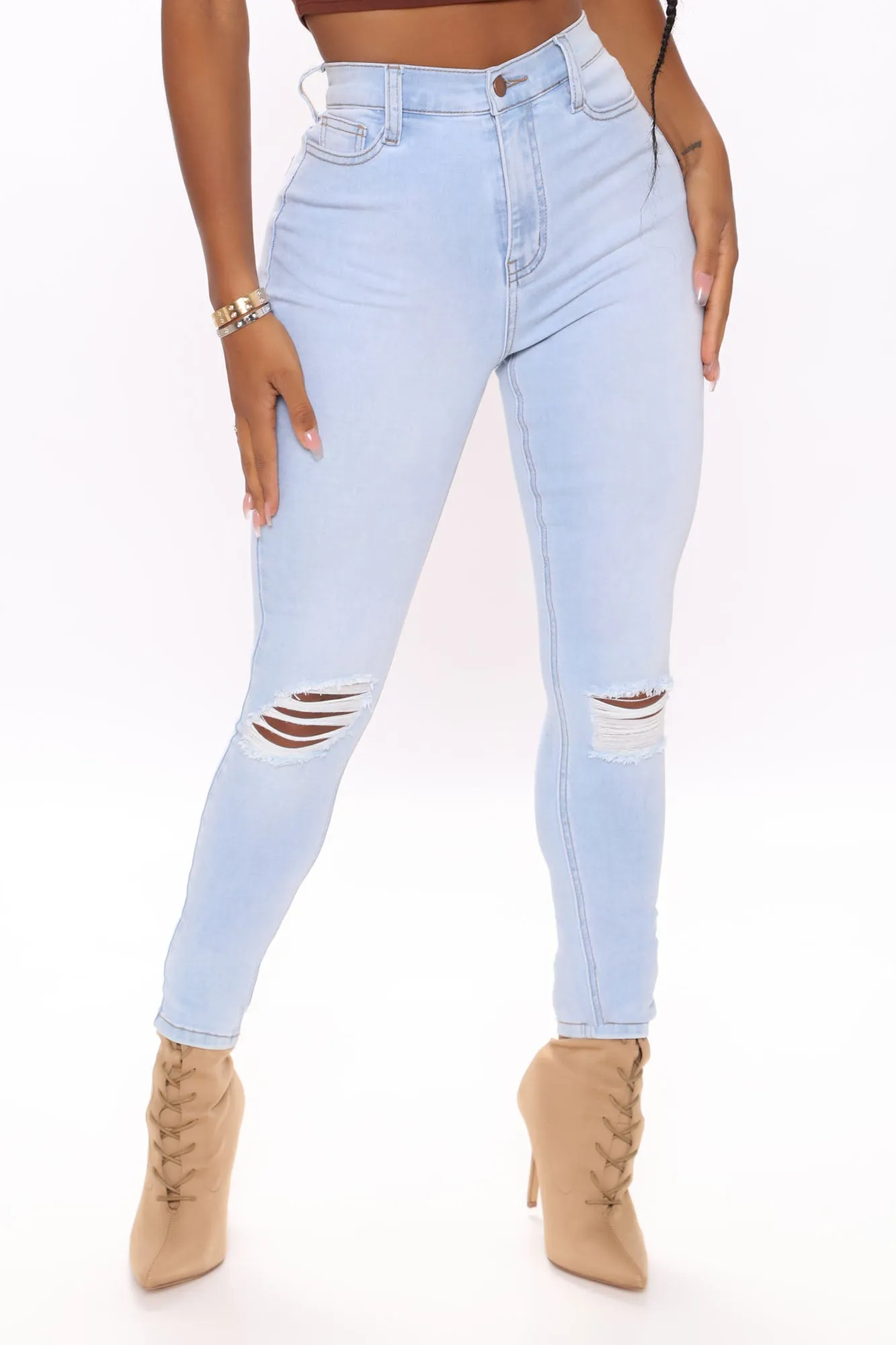 Be Classic Distressed High Waist Skinny Jeans - Light Blue Wash