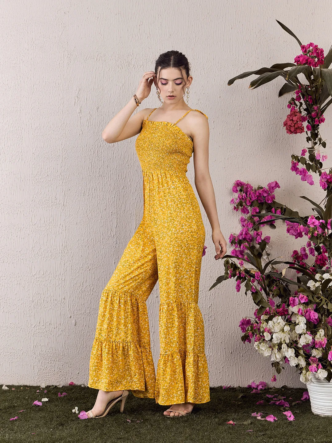 Berrylush Women Yellow Floral Printed Square Neck Sleeveless Tie-Up Straps Wide-Leg Smocked Maxi Jumpsuit