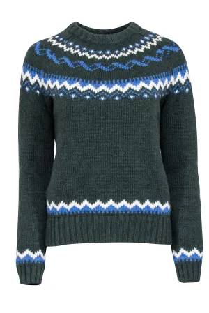 Birds of Paradis - Dark Green w/ Blue & White Fair Isle Crewneck Sweater Sz XS