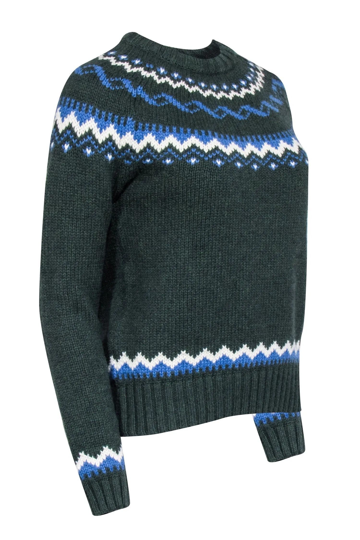 Birds of Paradis - Dark Green w/ Blue & White Fair Isle Crewneck Sweater Sz XS