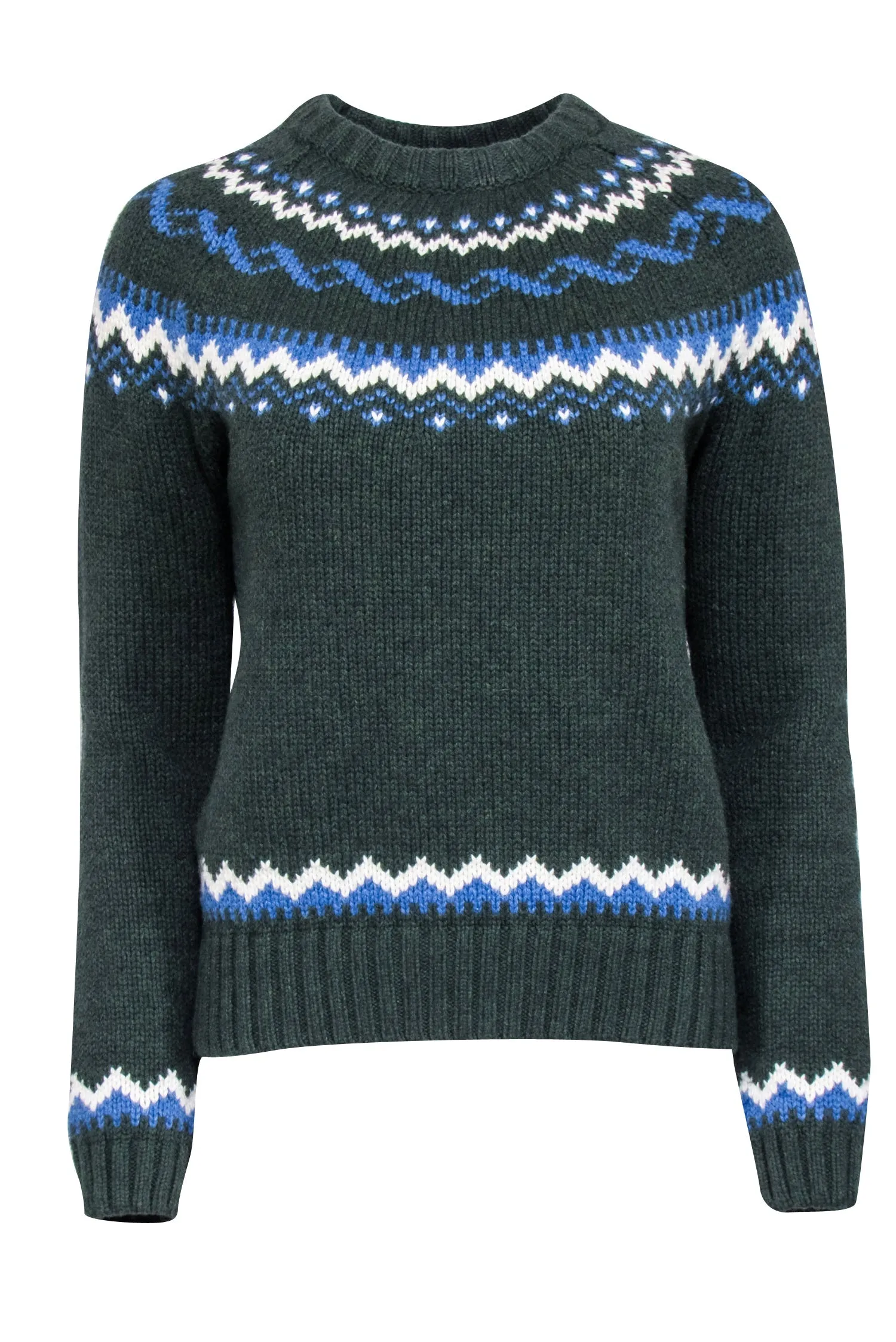 Birds of Paradis - Dark Green w/ Blue & White Fair Isle Crewneck Sweater Sz XS