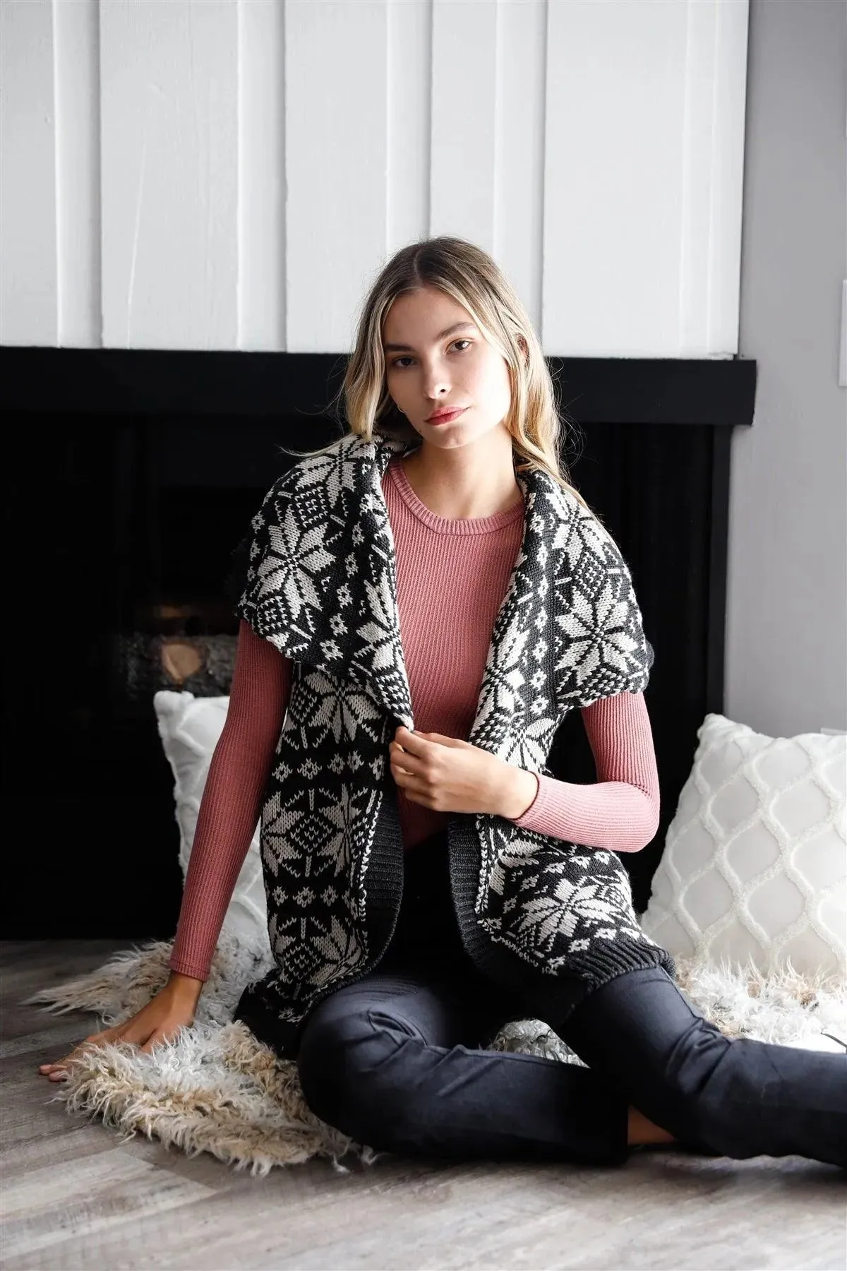 Black & Grey Sleeveless Inside-Out Cable Knit Lapeled Neckline Open Front Oversized Vest Cardigan /2-2-2