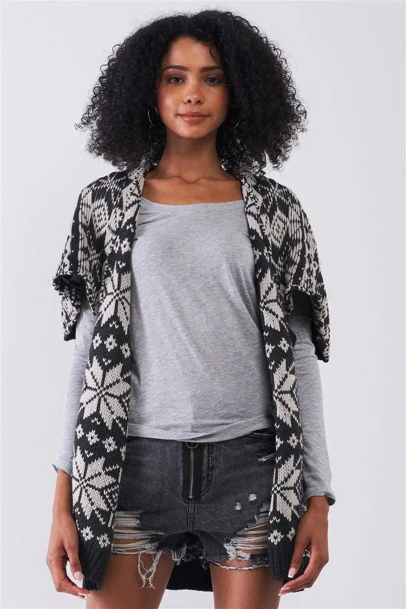 Black & Grey Sleeveless Inside-Out Cable Knit Lapeled Neckline Open Front Oversized Vest Cardigan /2-2-2