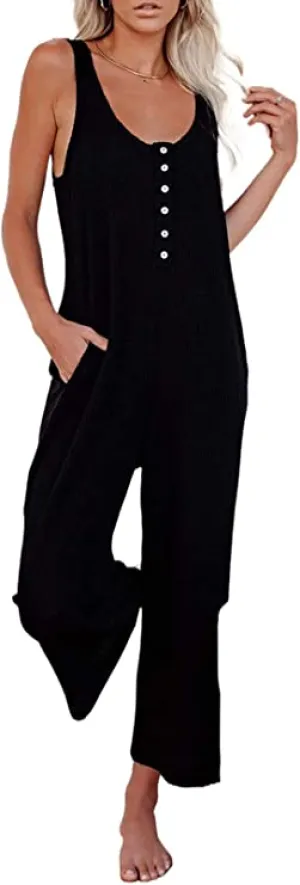 Black Front Button Women's Casual Sleeveless Front Button Loose Jumpsuits Stretchy Long Pants Romper with Pockets - Happy Sailed