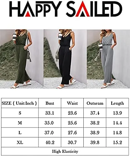 Black Front Button Women's Casual Sleeveless Front Button Loose Jumpsuits Stretchy Long Pants Romper with Pockets - Happy Sailed