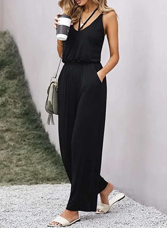 Black Front Button Women's Casual Sleeveless Front Button Loose Jumpsuits Stretchy Long Pants Romper with Pockets - Happy Sailed