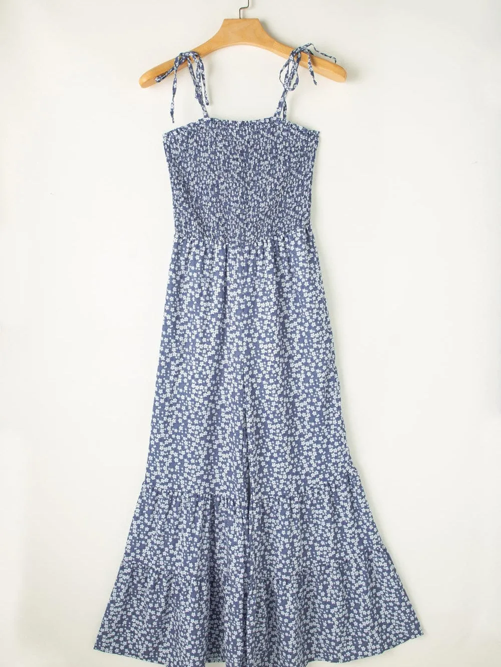 Blue Twilight Floral Dream Jumpsuit with Smocked Bodice and Delicate Straps