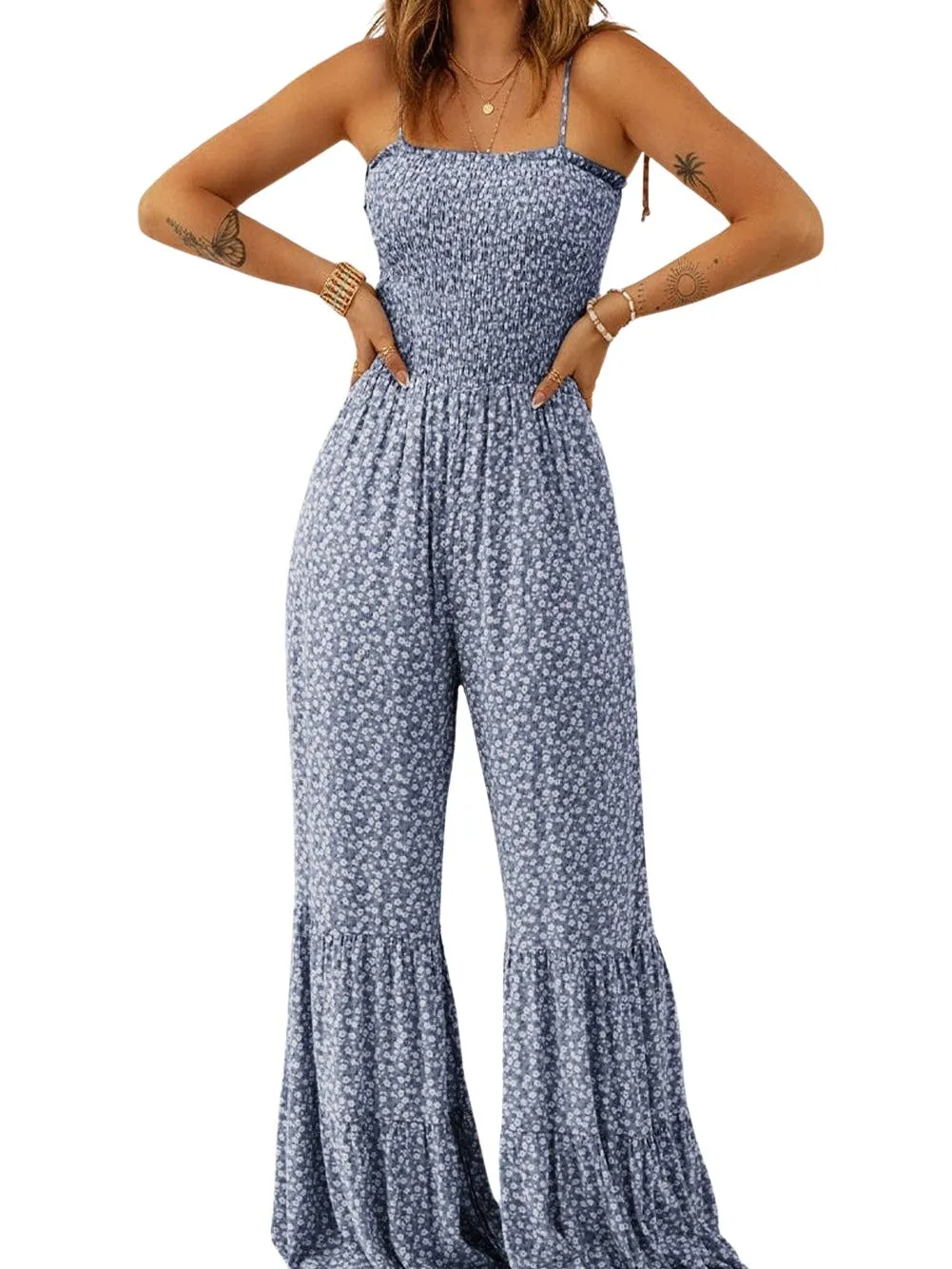 Blue Twilight Floral Dream Jumpsuit with Smocked Bodice and Delicate Straps