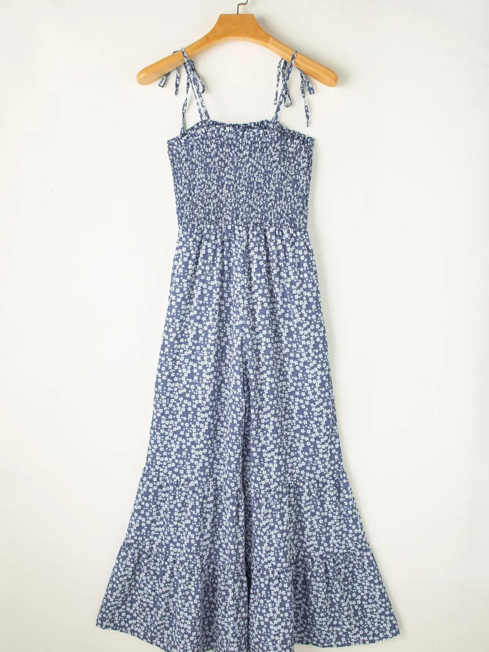 Blue Twilight Floral Dream Jumpsuit with Smocked Bodice and Delicate Straps