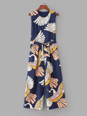 Cranes Print Belted Wide Leg Jumpsuit