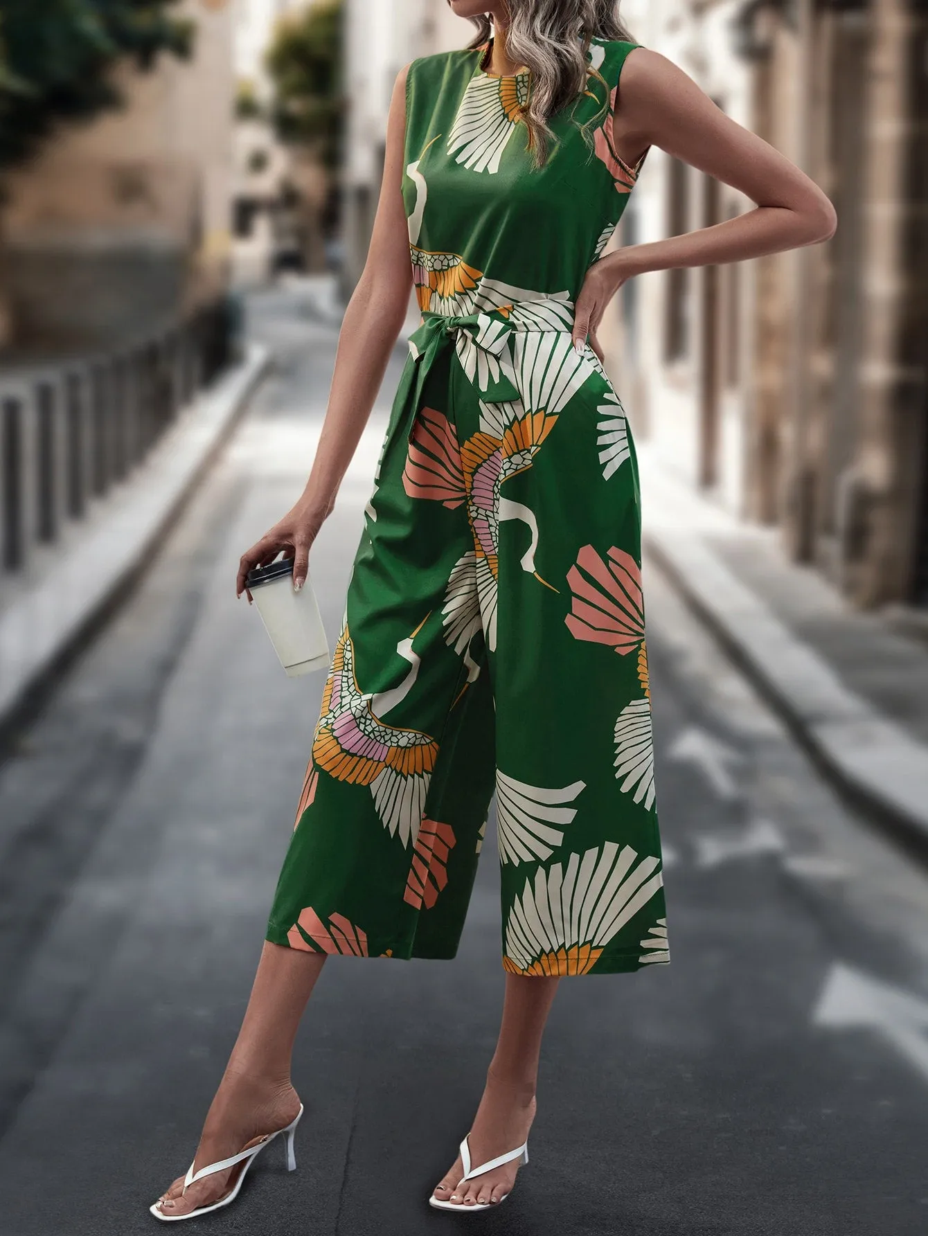 Cranes Print Belted Wide Leg Jumpsuit
