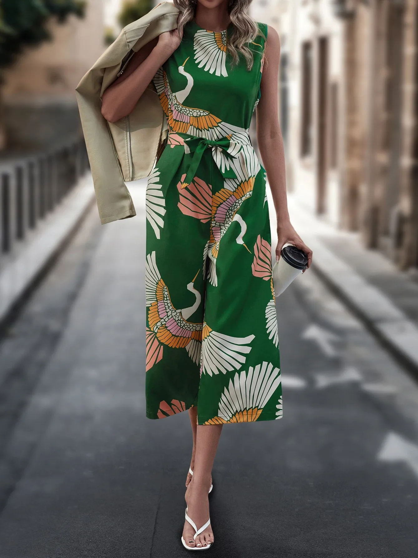 Cranes Print Belted Wide Leg Jumpsuit