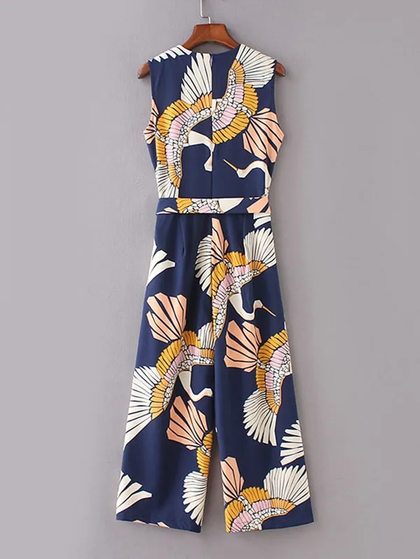 Cranes Print Belted Wide Leg Jumpsuit