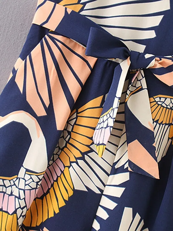 Cranes Print Belted Wide Leg Jumpsuit