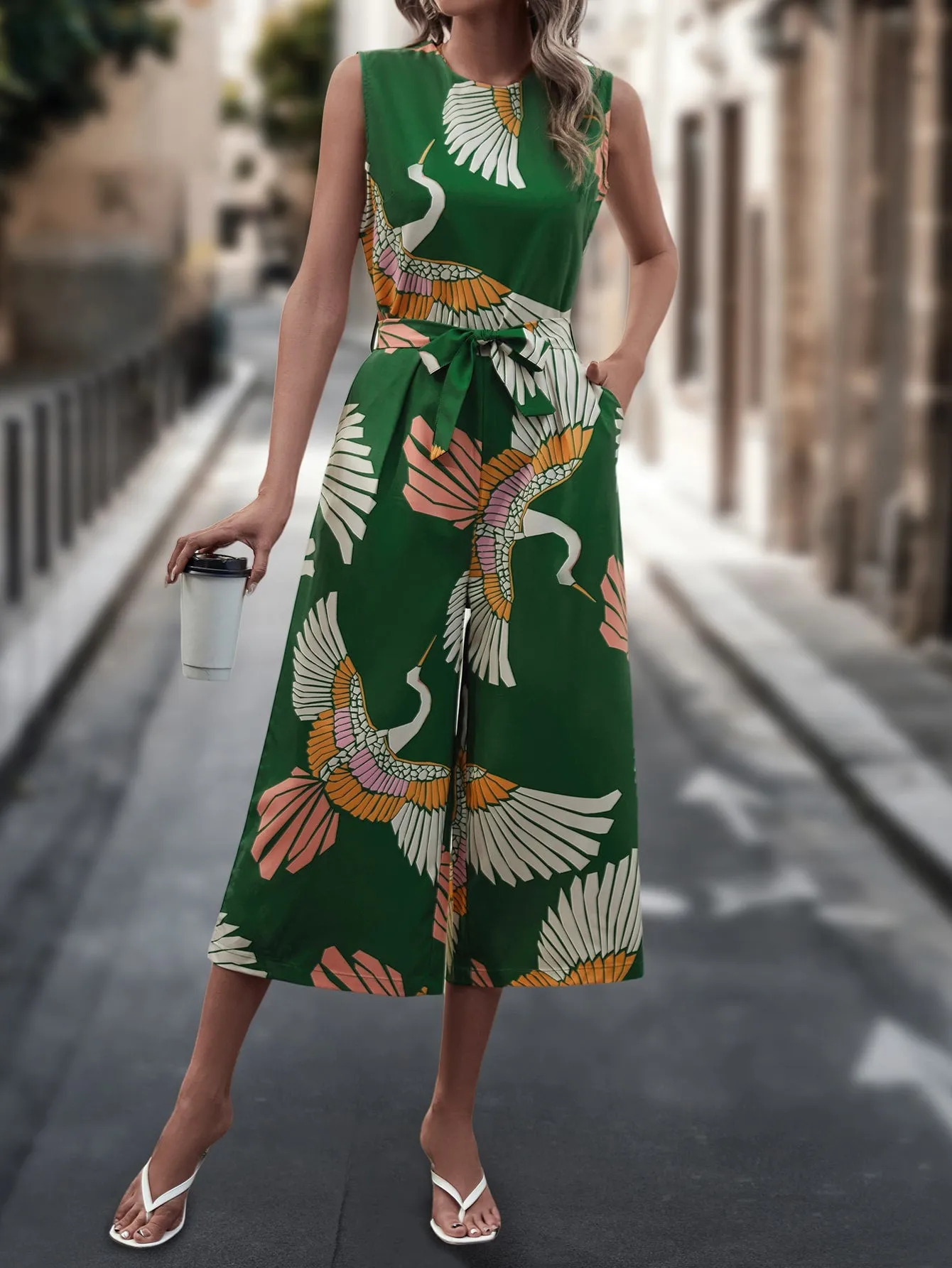 Cranes Print Belted Wide Leg Jumpsuit
