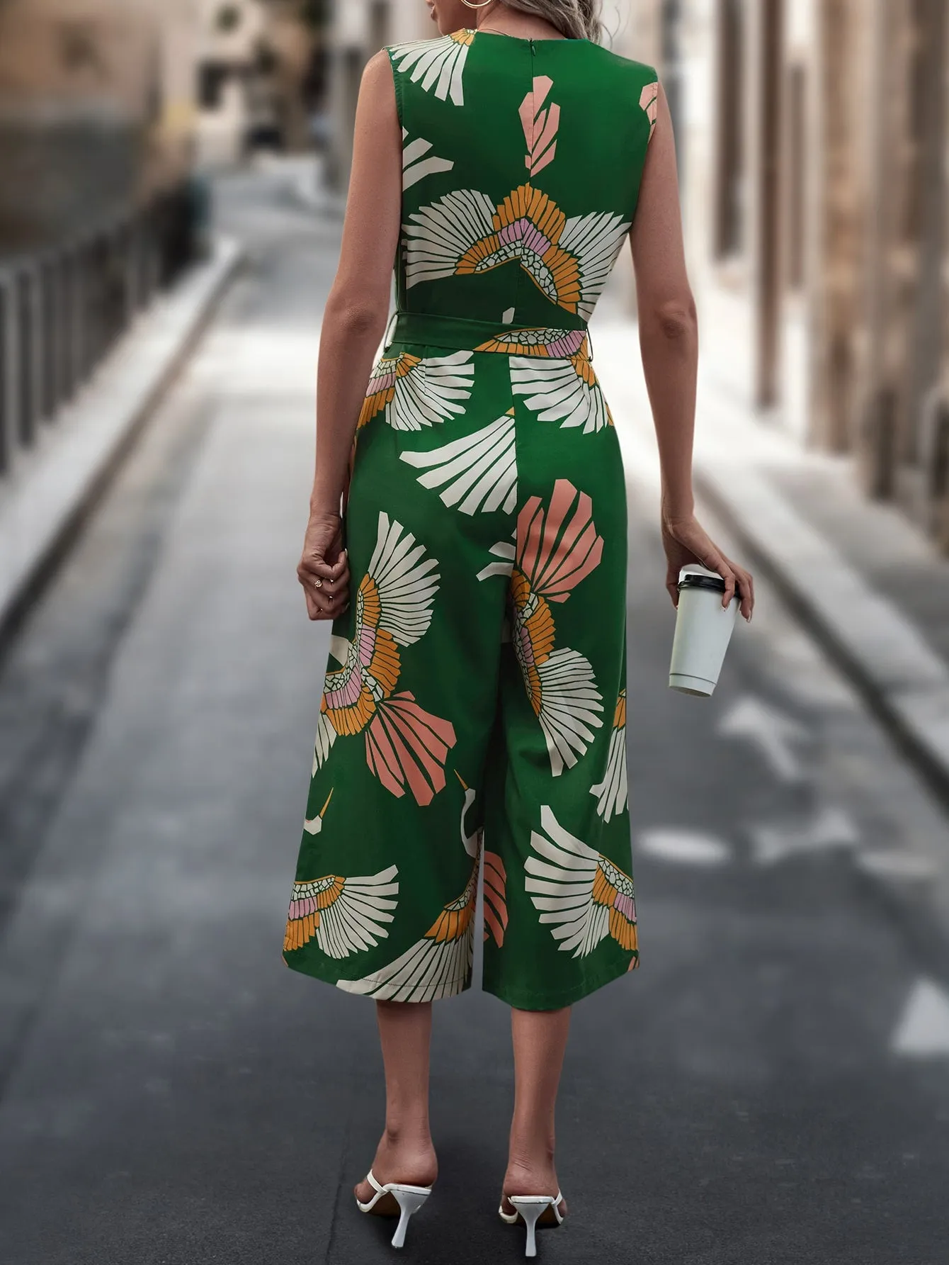 Cranes Print Belted Wide Leg Jumpsuit