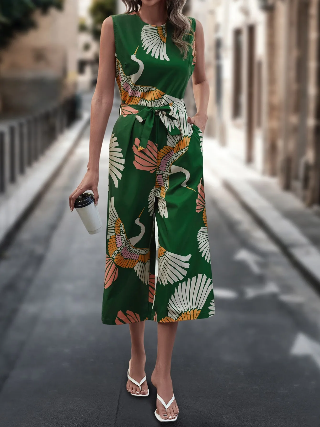 Cranes Print Belted Wide Leg Jumpsuit
