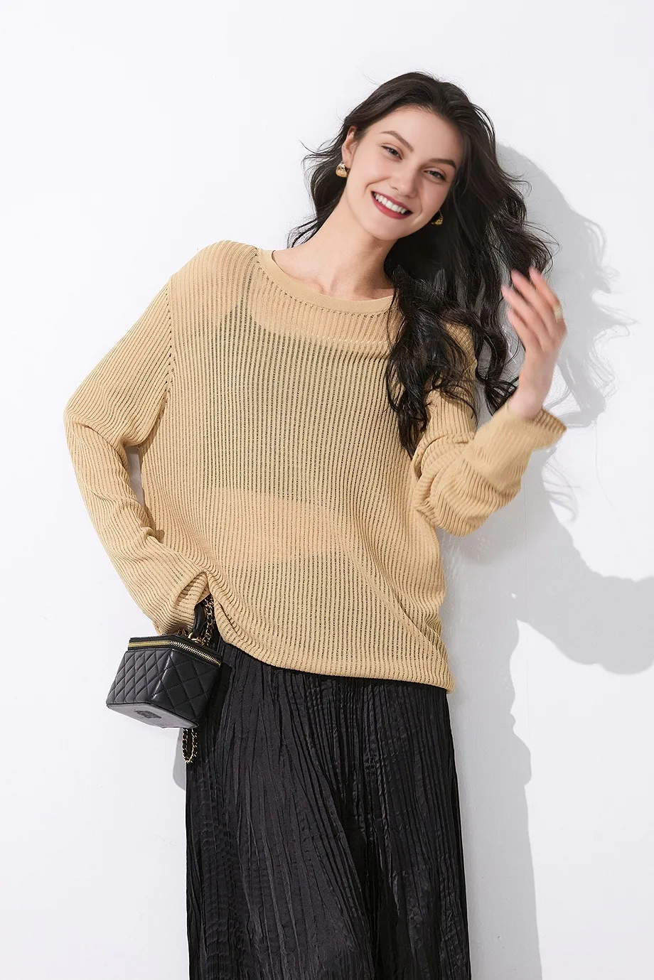 Crewneck Oversized Ribbed Knit Crochet Sweater