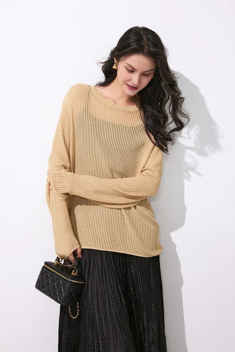 Crewneck Oversized Ribbed Knit Crochet Sweater