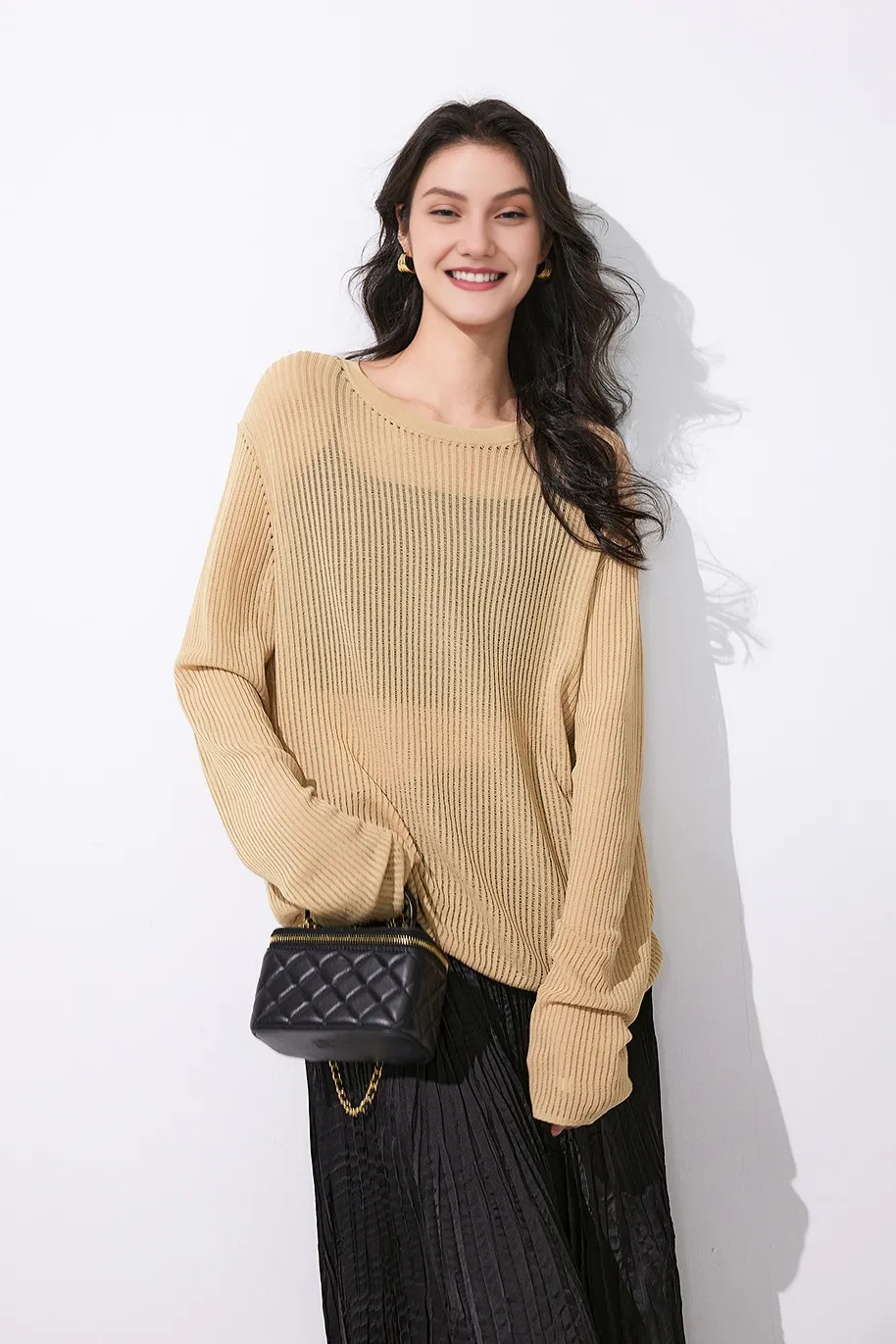 Crewneck Oversized Ribbed Knit Crochet Sweater