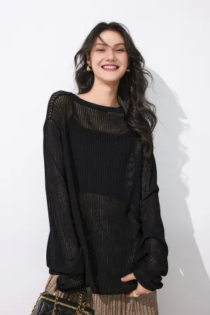 Crewneck Oversized Ribbed Knit Crochet Sweater