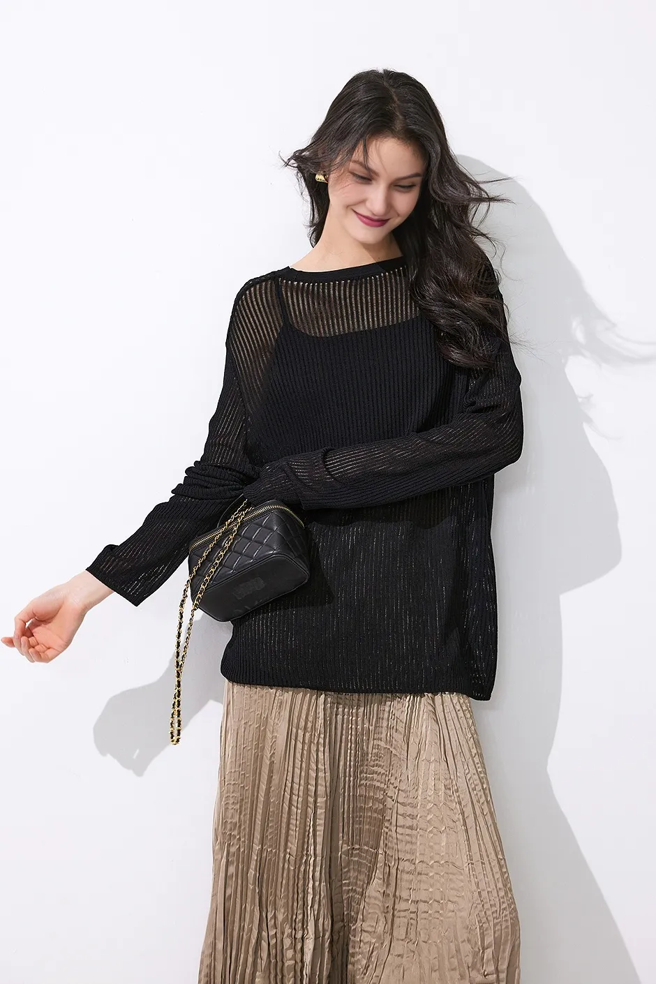 Crewneck Oversized Ribbed Knit Crochet Sweater