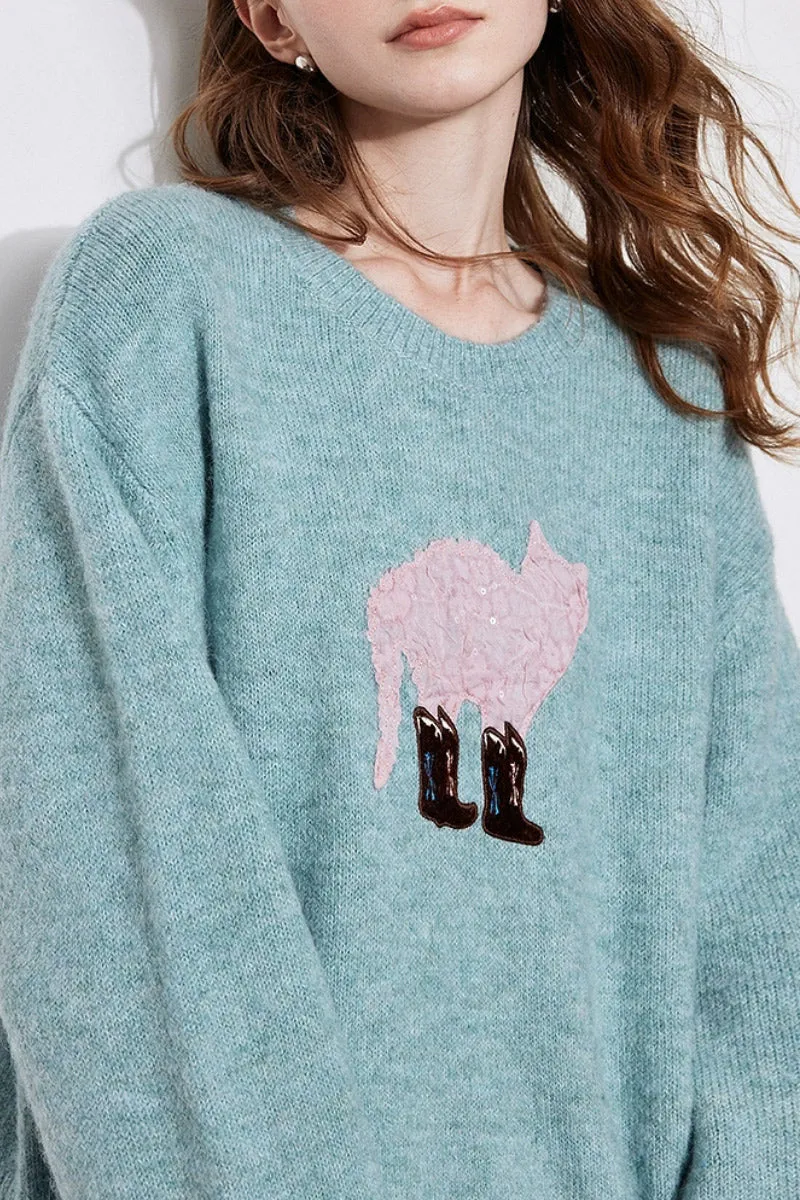 Cute Wool Blend Crewneck Pullover Sweater with Puss in Boots