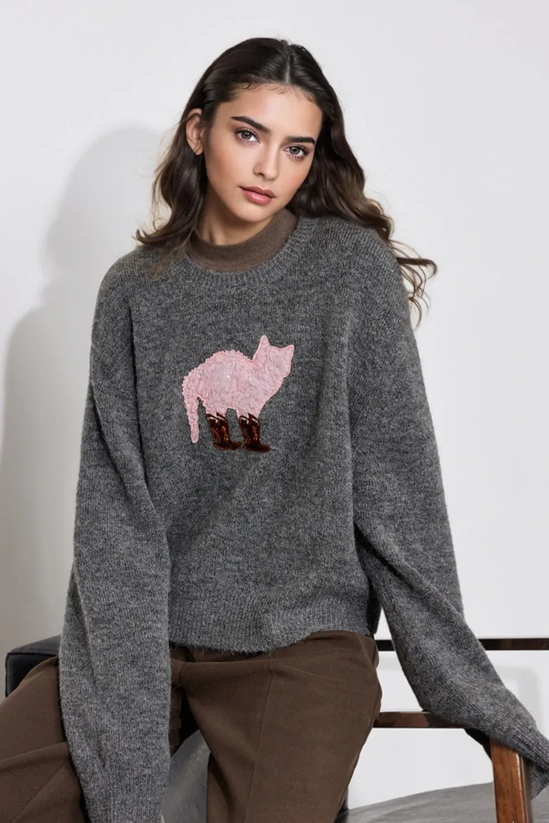 Cute Wool Blend Crewneck Pullover Sweater with Puss in Boots